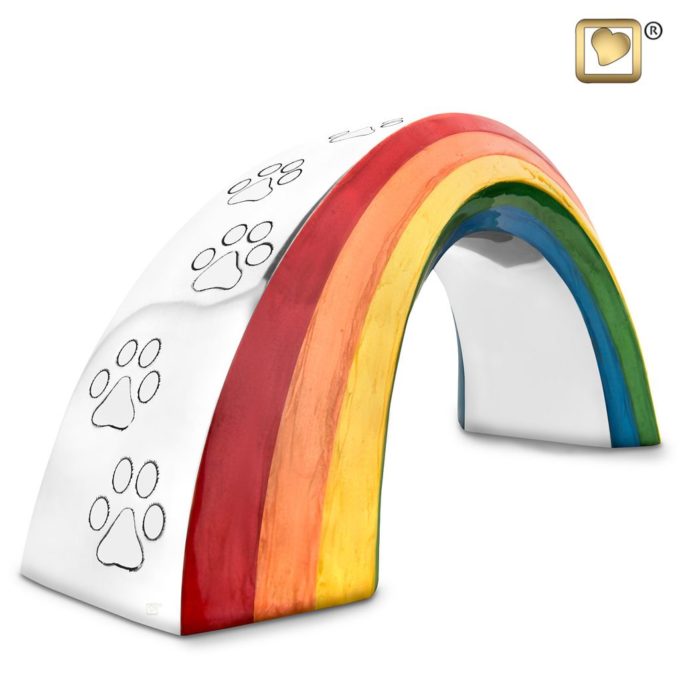 Rainbow shaped pet cremation urn with paw prints
