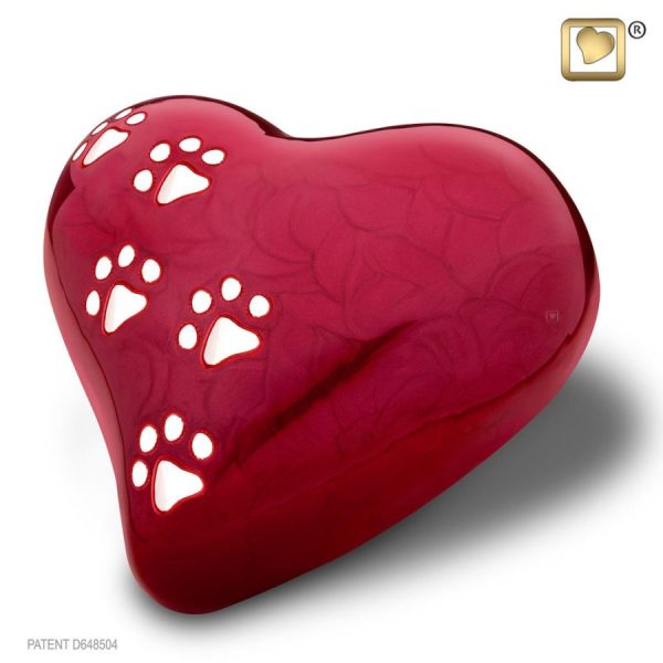 Red Heart Shaped Pet Urn with Silver Paw Prints