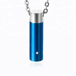 Blue cylinder-shaped cremation pendant with a smooth metallic finish, designed to hold a small keepsake or ashes