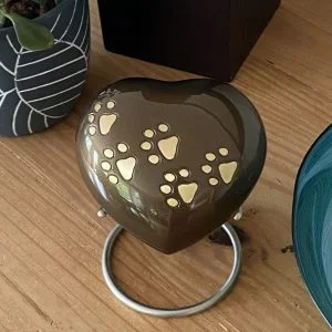 Brass Heart Shaped Pet Urn Paw Prints