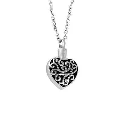 Heart shaped cremation pendant with filagree design