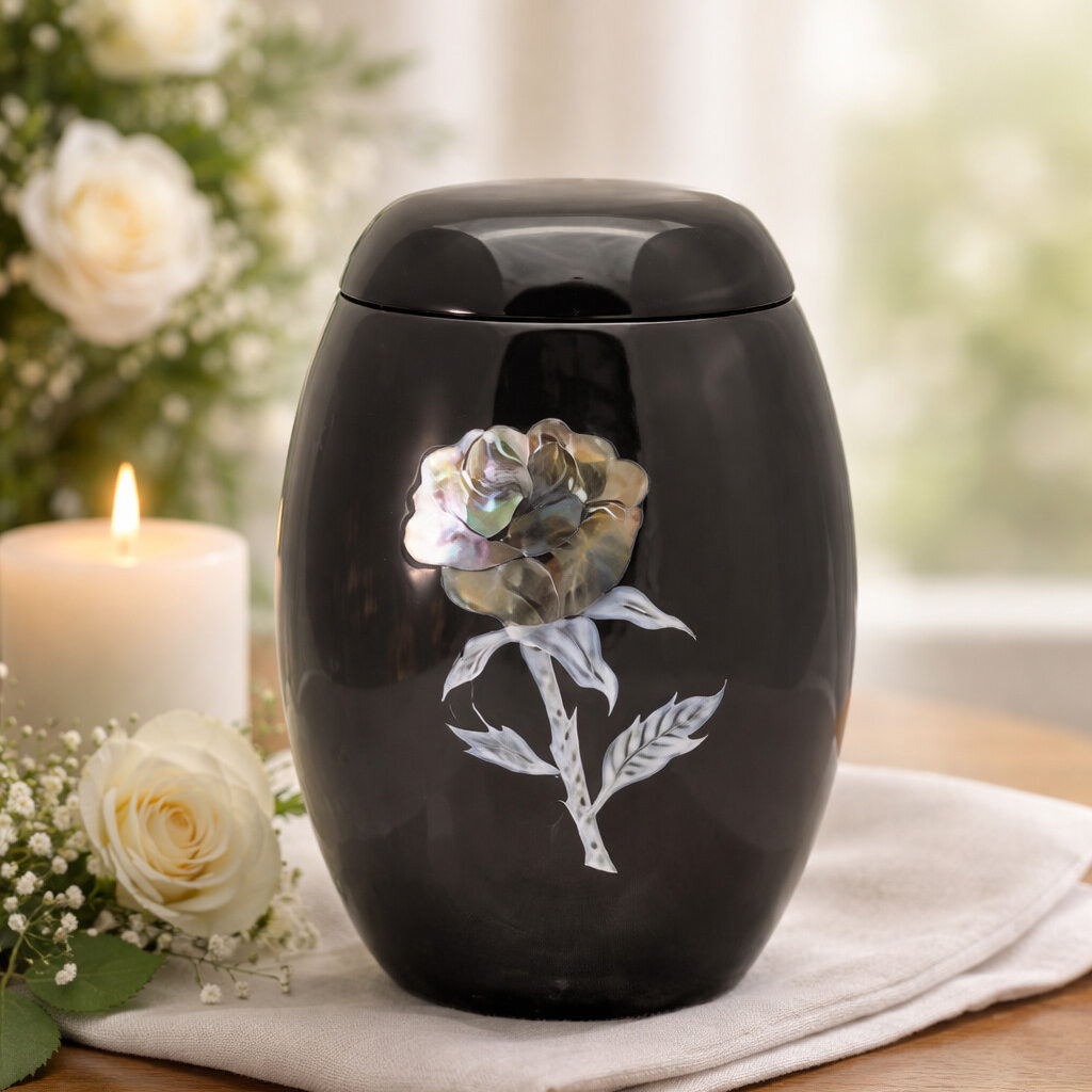 Black Fibreglass Cremation Urn With Mother Of Pearl Single Stemmed Rose Design