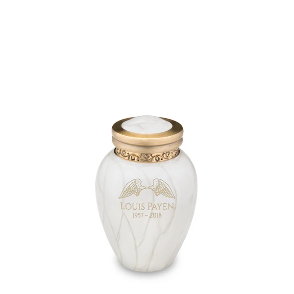 Keepsake Sized Urn Pearl Finish Gold Details Engraved Angel Wings
