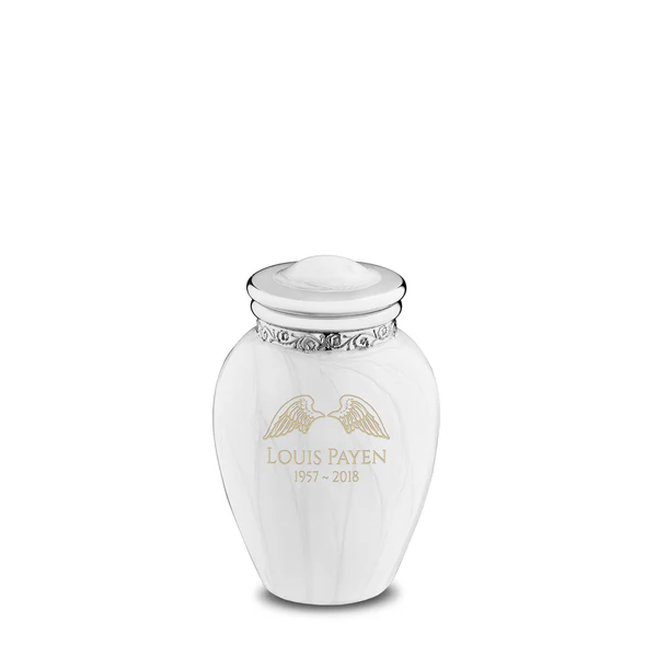 Keepsake Size Urn Pearl Finish Silver Detail Engraved Angel Wings