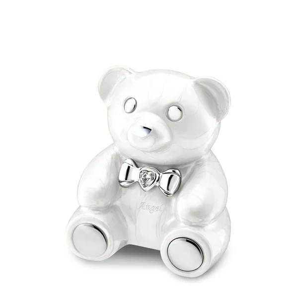 Teddy bear shaped cremation urn white pearl silver details