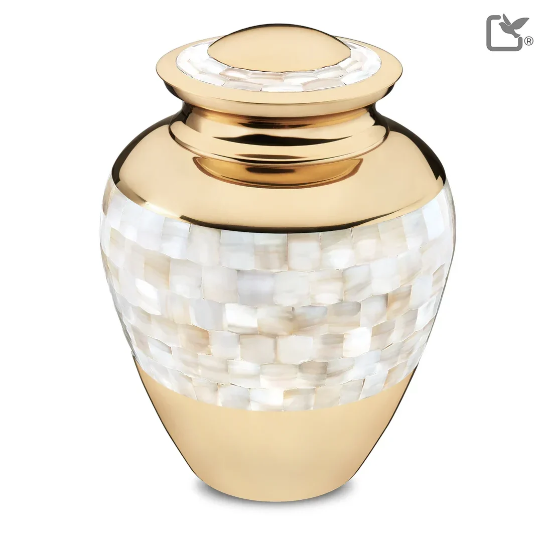 Shiny gold adult cremation urn with mother of pearl details
