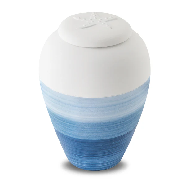 Ocean themed blue and white striped clay urn
