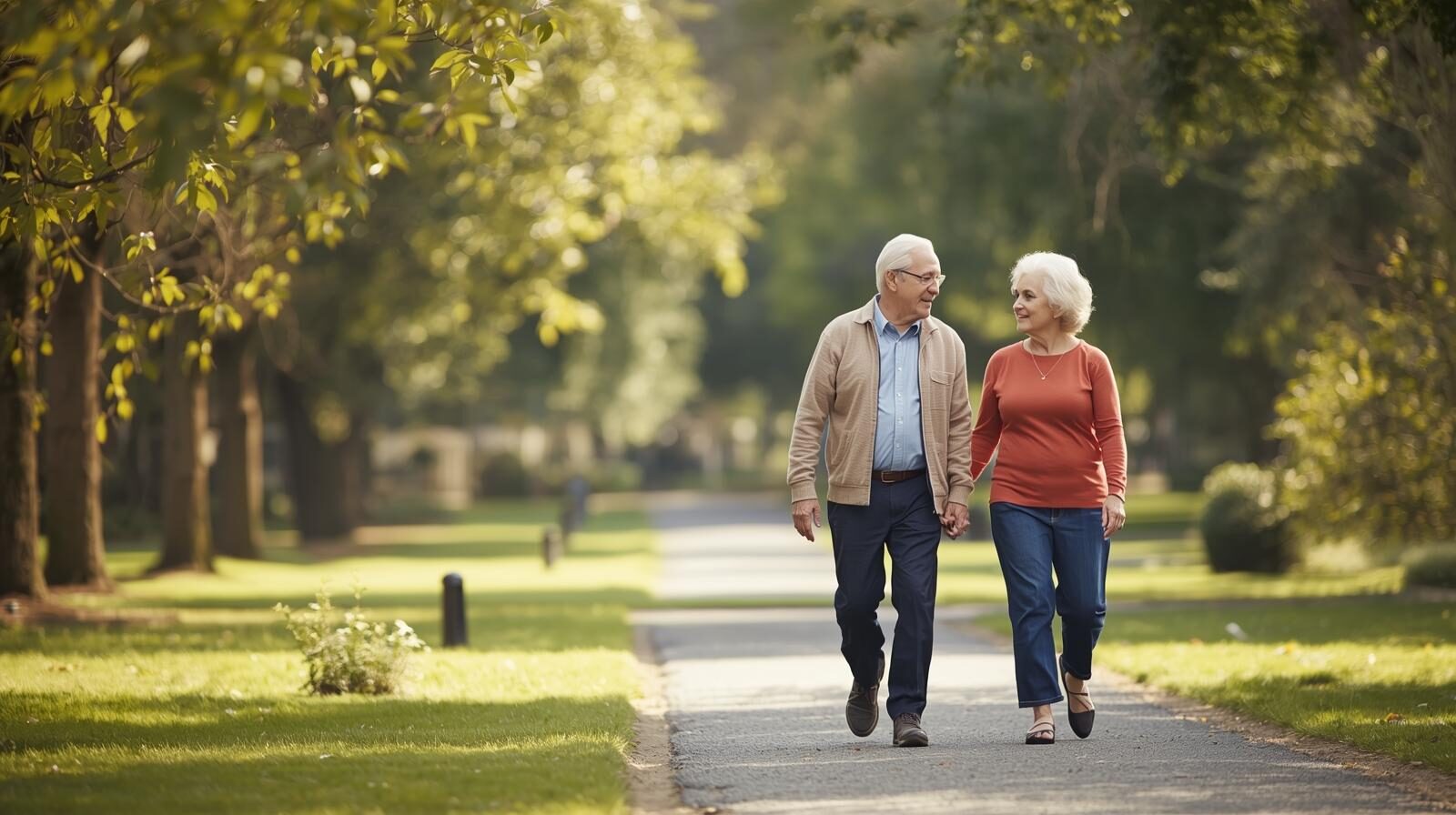 Older Canadian couple walking together outdoors, representing peace of mind through advance funeral planning.