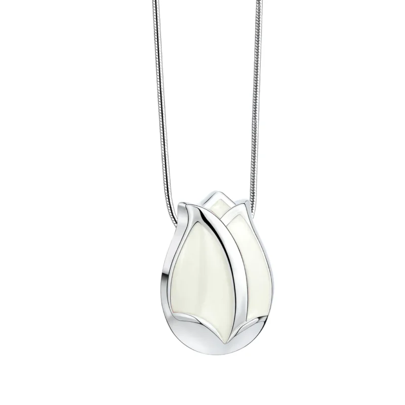 Silver pearl tulip cremation pendant necklace with discreet compartment for ashes, memorial jewelry keepsake