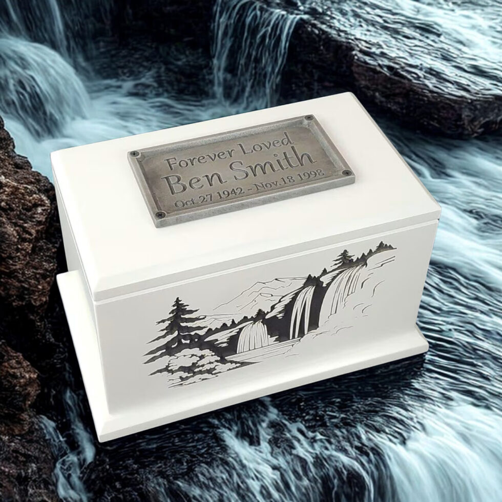 MDF cremation urn with white lacquer and waterfall carving