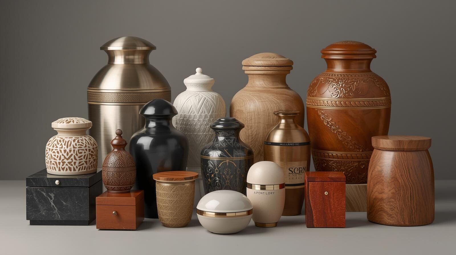 a grouping of cremation urns and boxes of various sizes shapes materials and colors