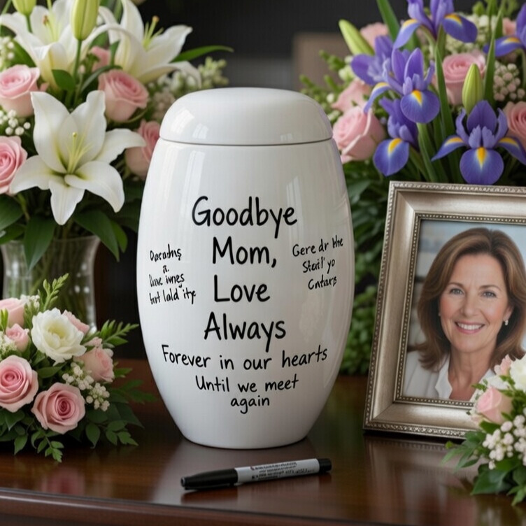 white fibreglass urn decorated with messages surrounded by flowers at a moms funeral